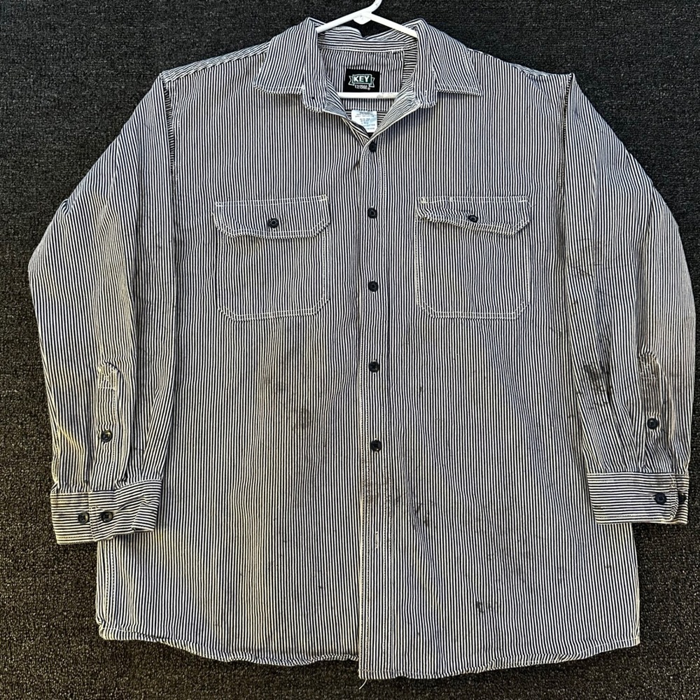 Key Hickory Stripe Button Down Shirt Mens L Distressed Workwear Long Sleeve